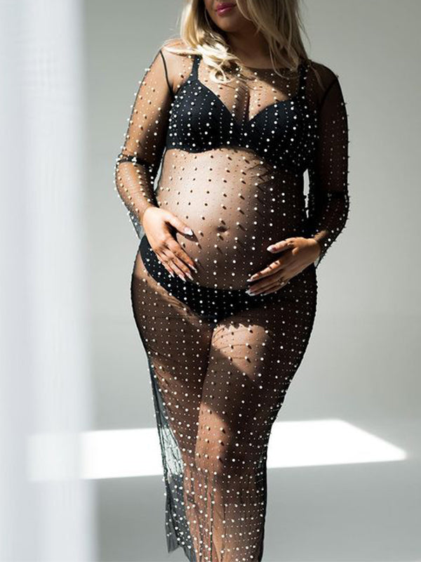 Joliloves Colore Unico Trasparente Perla Strass Costumi da bagno Prendisole Festa Spiaggia Vacanze scattare foto Maxi Abiti premaman