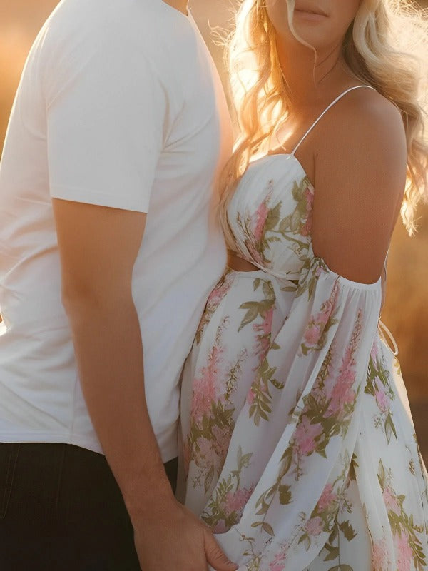 Joliloves Bianco maxi abiti eleganti premaman romantico Fioreale Sottoveste Spalle Scoperte Boemia Adatto per servizi fotografici