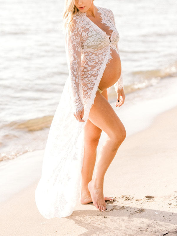 Joliloves Maxi Abito Spacco Trasparente Pizzo Manica Lunga Elegante Abito per servizio fotografico premaman