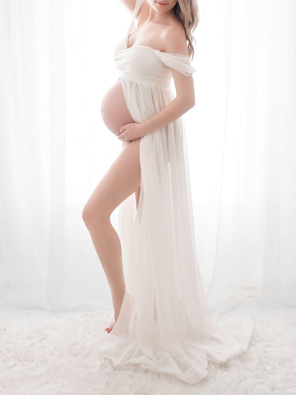 Joliloves Maxi Abito Spacco Spalle Scoperte Scollo A Barchetta Moda Chic Abito per servizio fotografico premaman