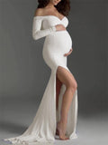 Joliloves Maxi Abito Spalle Scoperte Spacco Manica Lunga Moda Chic Abito per servizio fotografico premaman
