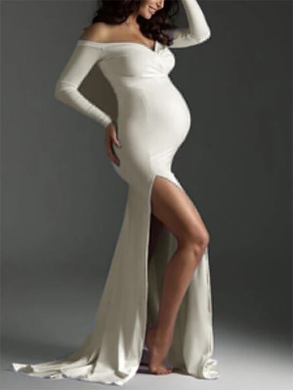 Joliloves Maxi Abito Spalle Scoperte Spacco Manica Lunga Moda Chic Abito per servizio fotografico premaman