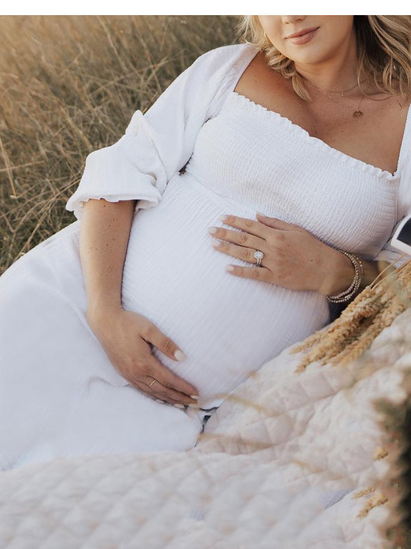 Joliloves Bianco abiti  premaman Elegante Balze A Vita Alta Manica A Bolle Boemia Adatto per servizi fotografici Maxi vestito premaman