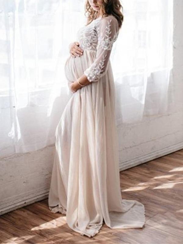 Joliloves Abito lungo in chiffon di pizzo premaman per babyshower girocollo manica lunga elegante da sposa