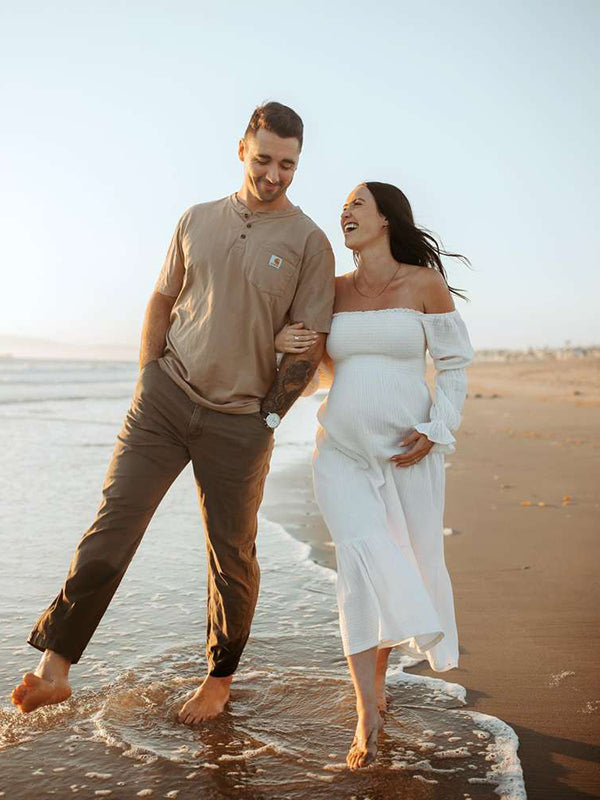 Joliloves Bianco abiti  premaman Elegante Balze A Vita Alta Manica A Bolle Boemia Adatto per servizi fotografici Maxi vestito premaman