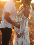 Joliloves Bianco maxi abiti eleganti premaman romantico Fioreale Sottoveste Spalle Scoperte Boemia Adatto per servizi fotografici