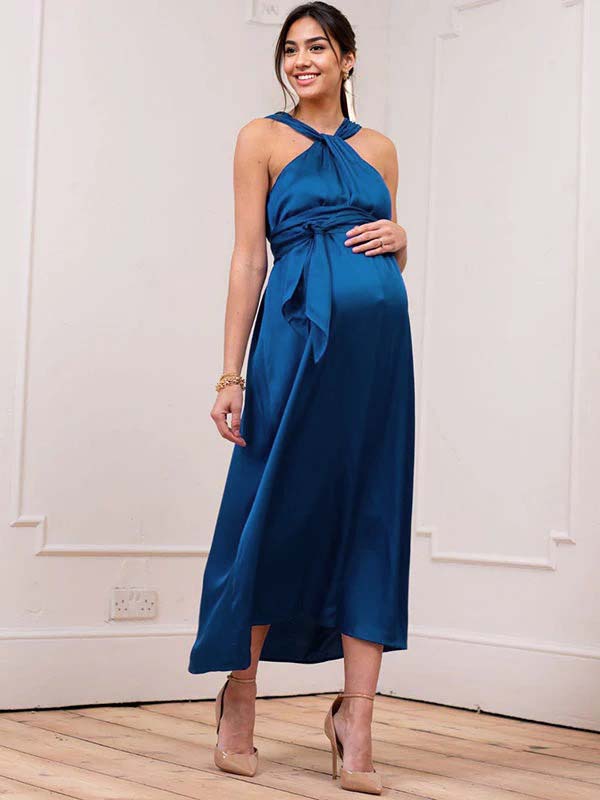 Joliloves Blu Navy Allacciatura Al Collo Spalle Scoperte Cocktail Midi abiti cerimonia premaman