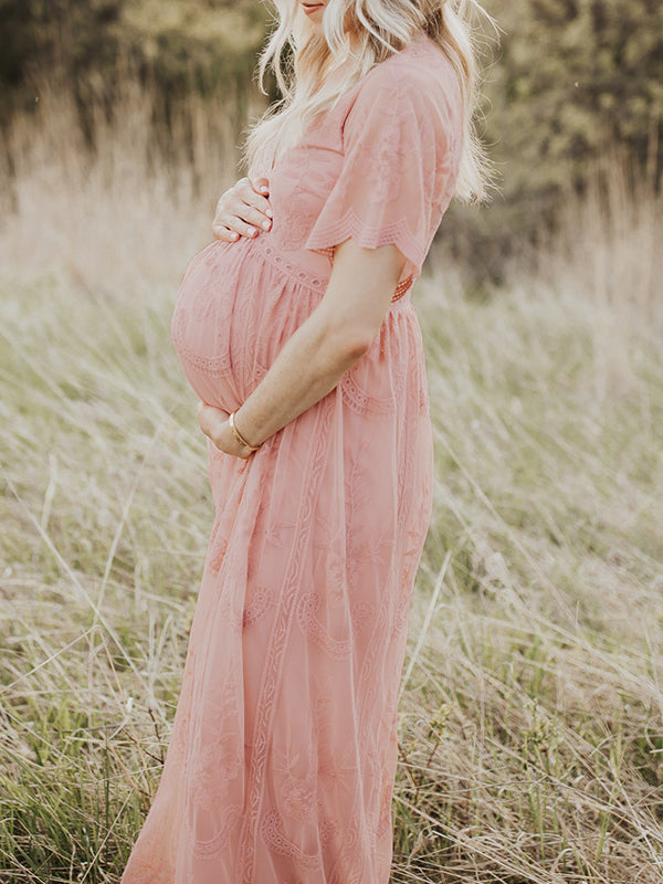 Joliloves Adatto per servizi fotografici  elegante Pizzo Scollo A V Manica Corta Maxi vestito premaman