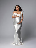 Joliloves Bianco Vestito da donna Una Spalla Raso Senza Schienale Coda Di Pesce Festa Abito per servizio fotografico Maxi vestito premaman