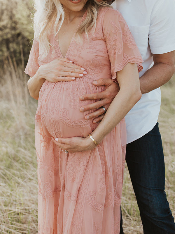Joliloves Adatto per servizi fotografici  elegante Pizzo Scollo A V Manica Corta Maxi vestito premaman