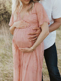 Joliloves Adatto per servizi fotografici  elegante Pizzo Scollo A V Manica Corta Maxi vestito premaman