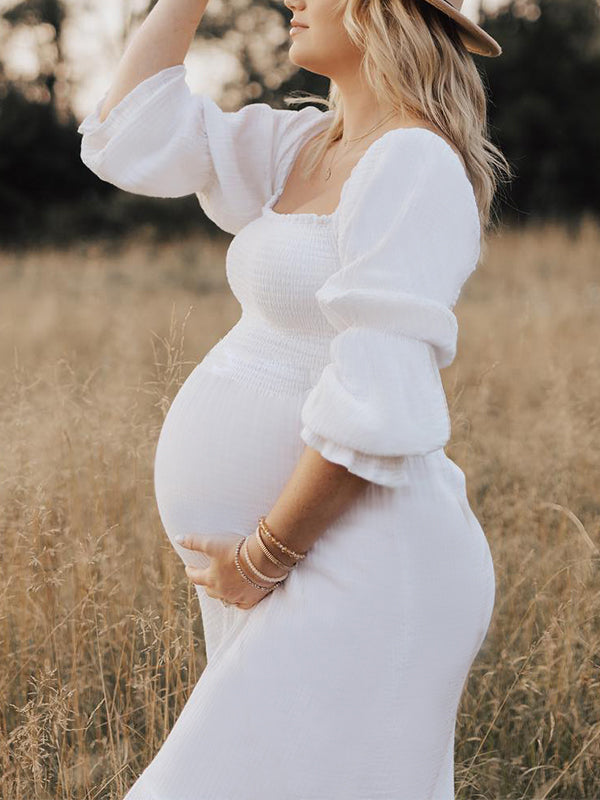 Joliloves Bianco abiti  premaman Elegante Balze A Vita Alta Manica A Bolle Boemia Adatto per servizi fotografici Maxi vestito premaman