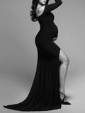Joliloves Maxi Abito Spalle Scoperte Spacco Manica Lunga Moda Chic Abito per servizio fotografico premaman