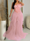 Joliloves chiffon Senza Spalline Spalle Scoperte Rete Maxi Abiti fotografico premaman