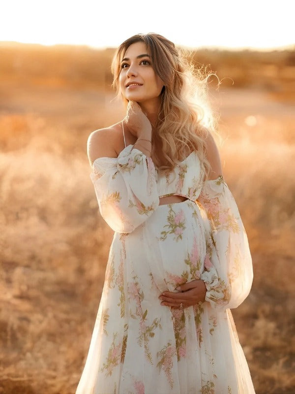 Joliloves Bianco maxi abiti eleganti premaman romantico Fioreale Sottoveste Spalle Scoperte Boemia Adatto per servizi fotografici