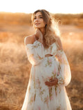 Joliloves Bianco maxi abiti eleganti premaman romantico Fioreale Sottoveste Spalle Scoperte Boemia Adatto per servizi fotografici