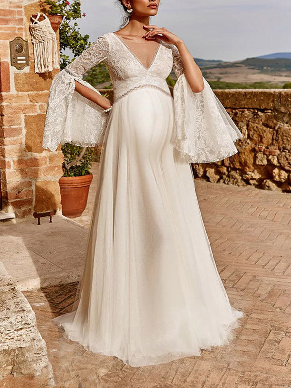 Joliloves Abito da sposa lungo premaman Pizzo Sciolto Maniche A Tromba Profondo Scollo A V abiti cerimonia premaman