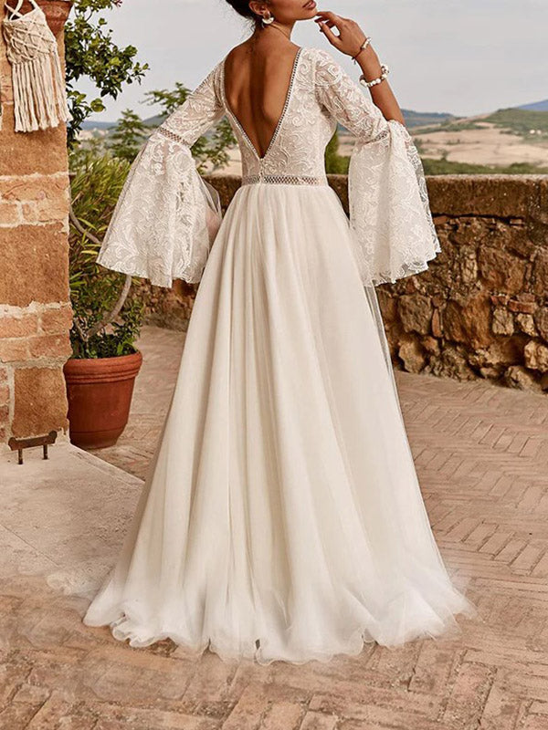 Joliloves Abito da sposa lungo premaman Pizzo Sciolto Maniche A Tromba Profondo Scollo A V abiti cerimonia premaman