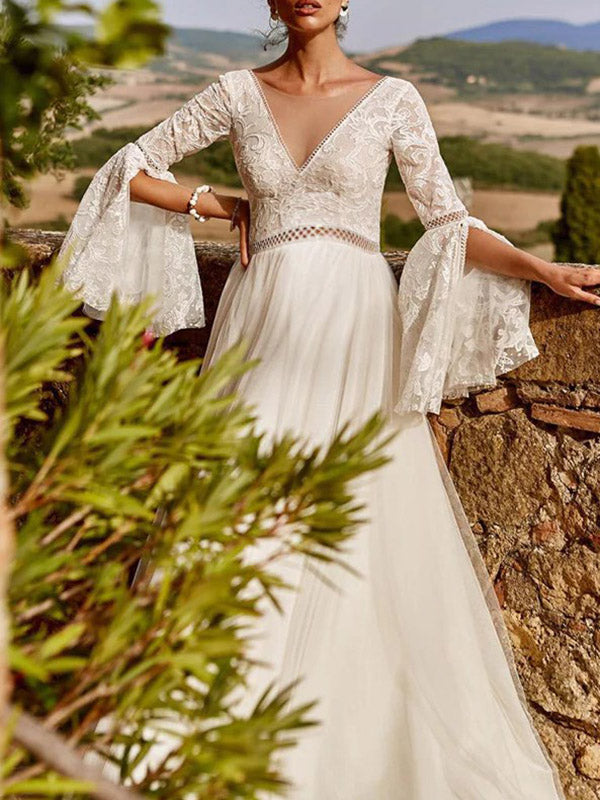 Joliloves Abito da sposa lungo premaman Pizzo Sciolto Maniche A Tromba Profondo Scollo A V abiti cerimonia premaman
