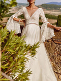 Joliloves Abito da sposa lungo premaman Pizzo Sciolto Maniche A Tromba Profondo Scollo A V abiti cerimonia premaman