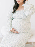 Joliloves abiti premaman Boemia Stampa Floreale Balze Scollo A Barchetta Elegante Manica Lunga Maxi vestito premaman