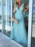 Joliloves Verde Elegante Plissettato Pizzo All'Uncinetto Senza Schienale Cocktail Maxi abiti premaman cerimonia
