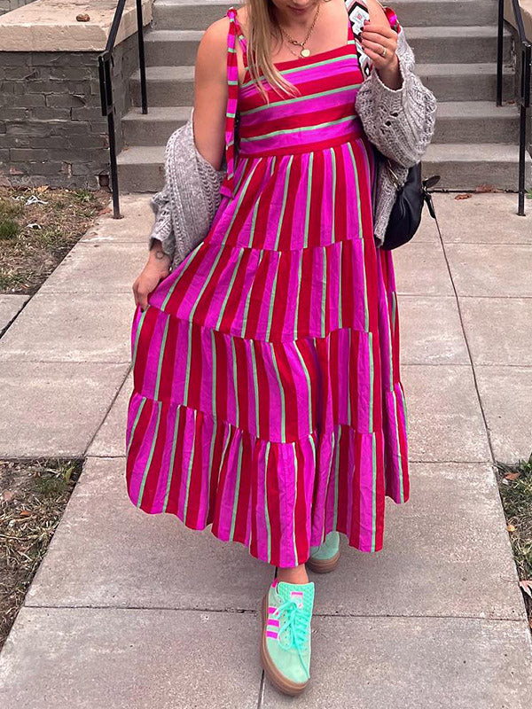 Joliloves Rosa Rossa Spiaggia Semplice E Casual A Strisce Sottoveste Papillon  Maxi Abiti premaman