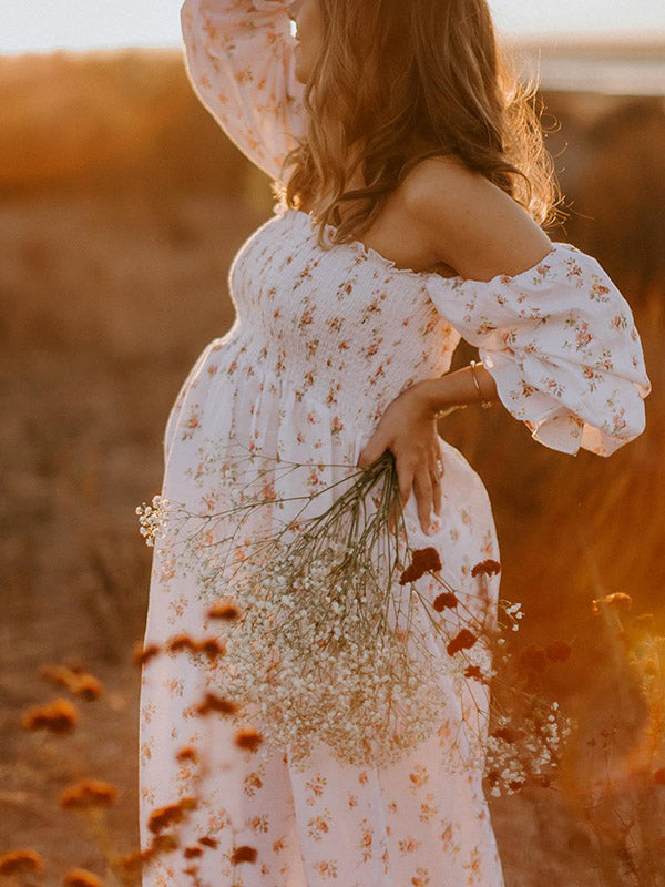 Joliloves  abiti premaman  gonna lunga Fioreale Balze plissettato elegante Scollo A Barchetta Abiti per servizi fotografici