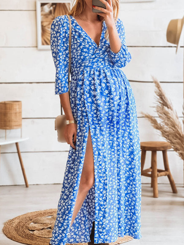 Abito lungo premaman casual con maniche a 3/4 e scollo a V con stampa floreale Joliloves