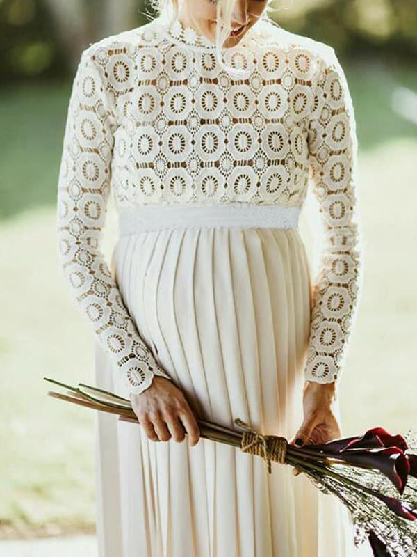 Joliloves Bianco Pizzo Spacco Girocollo Manica Lunga Vacanze Abiti eleganti premaman