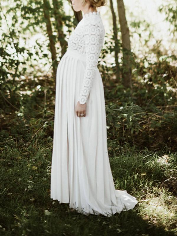 Joliloves Bianco Pizzo Spacco Girocollo Manica Lunga Vacanze Abiti eleganti premaman