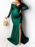 Joliloves Abito lungo da sera aderente con scollo a V e spalle scoperte Premaman Baby Shower verde