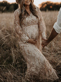 Joliloves Albicocca Elegante Boemia Paillettes Frange chiffon Scollo A V Maxi Abiti fotografico premaman