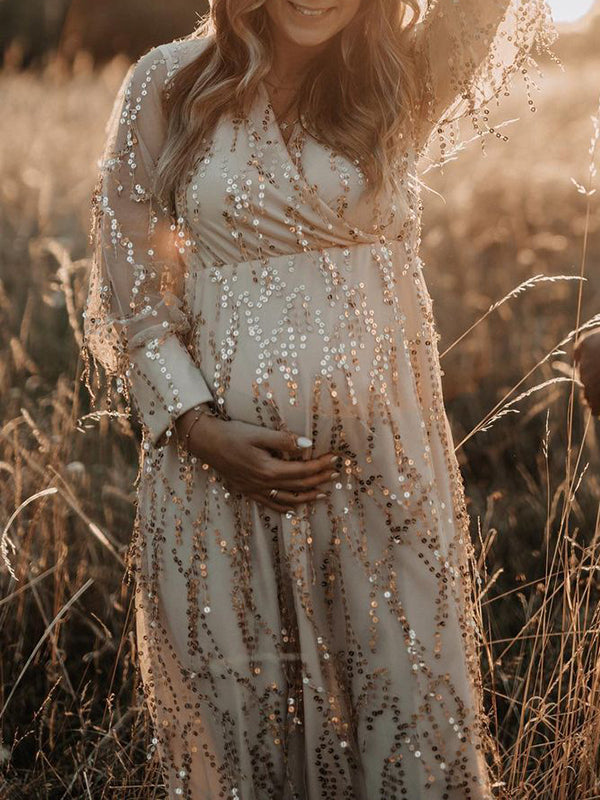 Joliloves Albicocca Elegante Boemia Paillettes Frange chiffon Scollo A V Maxi Abiti fotografico premaman