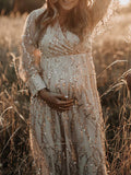 Joliloves Albicocca Elegante Boemia Paillettes Frange chiffon Scollo A V Maxi Abiti fotografico premaman