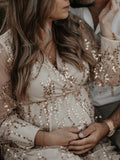 Joliloves Albicocca Elegante Boemia Paillettes Frange chiffon Scollo A V Maxi Abiti fotografico premaman