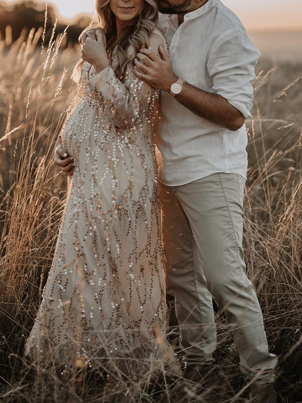 Joliloves Albicocca Elegante Boemia Paillettes Frange chiffon Scollo A V Maxi Abiti fotografico premaman