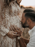 Joliloves Albicocca Elegante Boemia Paillettes Frange chiffon Scollo A V Maxi Abiti fotografico premaman