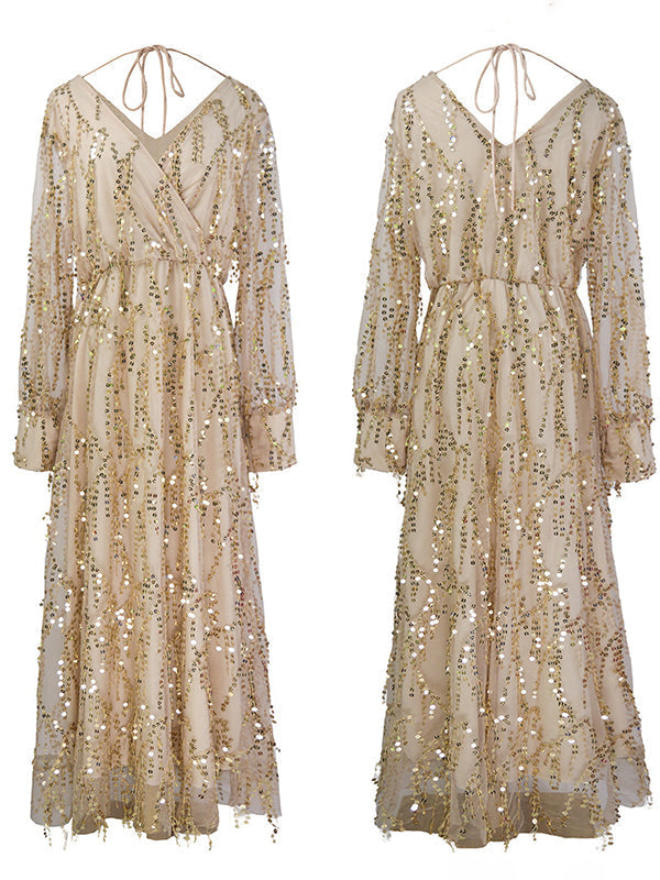 Joliloves Albicocca Elegante Boemia Paillettes Frange chiffon Scollo A V Maxi Abiti fotografico premaman