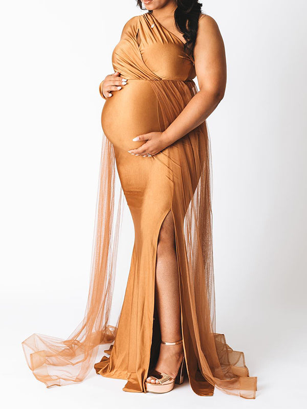 Joliloves Cachi Una Spalla tulle Spacco Laterale Taglia Forte Maxi vestito premaman Festa vestiti per battesimo Maxi vestito premaman