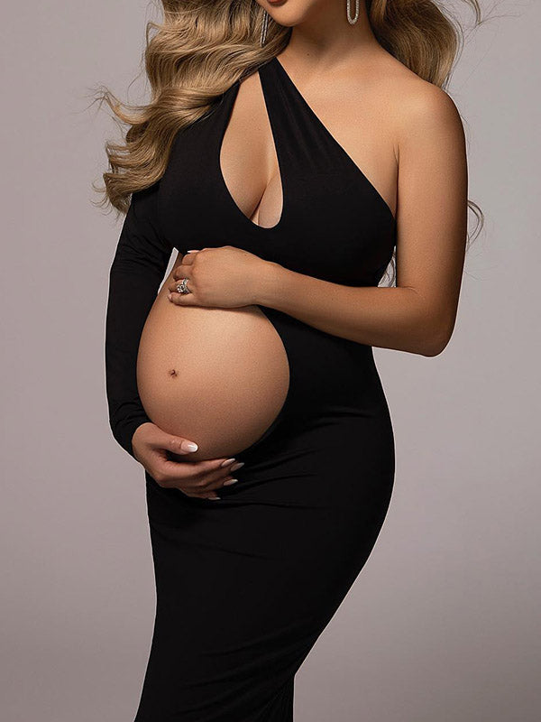 Joliloves Elegante Sottile traforato Irregolare Una Spalla Maxi Abiti fotografico premaman