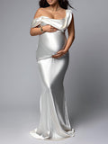 Joliloves Bianco Vestito da donna Una Spalla Raso Senza Schienale Coda Di Pesce Festa Abito per servizio fotografico Maxi vestito premaman