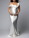 Joliloves Bianco Vestito da donna Una Spalla Raso Senza Schienale Coda Di Pesce Festa Abito per servizio fotografico Maxi vestito premaman