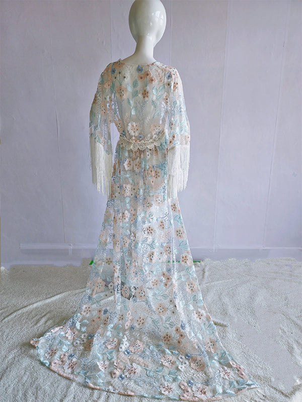 Joliloves Boemia Pizzo Patchwork Frange Ricamo Trasparente Scollo A V Maniche A Tromba Maxi Abiti premaman