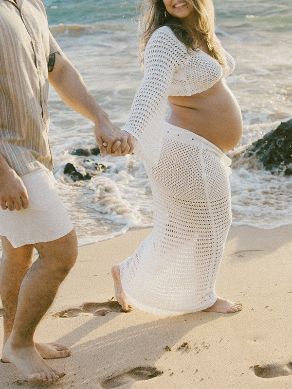 Joliloves Bianco traforato Scollo A V Spiaggia Vacanze Maxi Abiti fotografico premaman