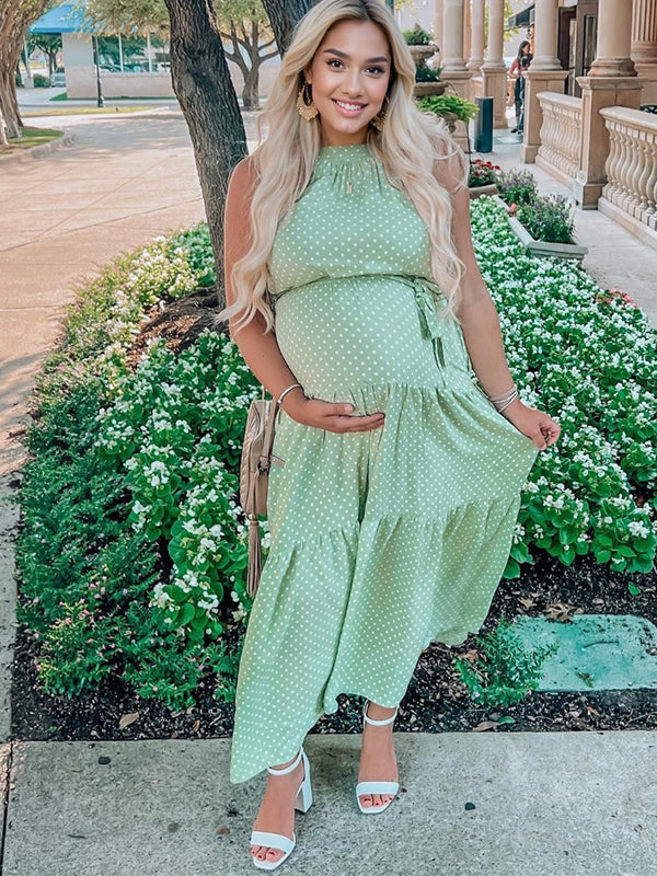 Joliloves Verde A Pois Carino Semplice E Casual Maxi Abiti premaman