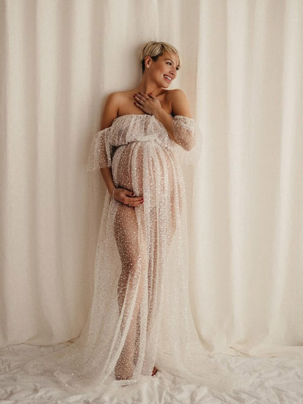 Joliloves Elegante Balze Trasparente Paillettes Spalle Scoperte Spacco Maxi Abiti premaman