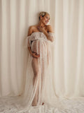 Joliloves Elegante Balze Trasparente Paillettes Spalle Scoperte Spacco Maxi Abiti premaman