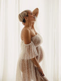 Joliloves Elegante Balze Trasparente Paillettes Spalle Scoperte Spacco Maxi Abiti premaman