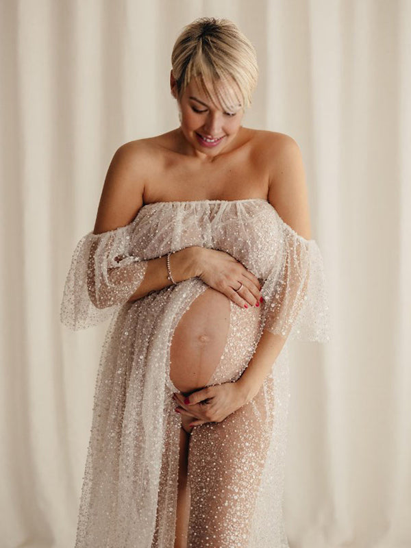 Joliloves Elegante Balze Trasparente Paillettes Spalle Scoperte Spacco Maxi Abiti premaman